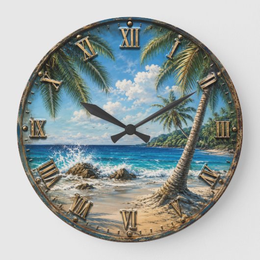 Tropical Coastal Ocean palm Tree Beach ラージ壁時計 (正面)