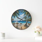 Tropical Coastal Ocean palm Tree Beach ラージ壁時計 (ホーム)