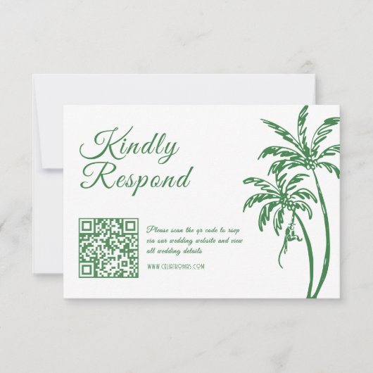 Tropical Coastal Retro Beach Green Wedding QR Code 出欠カード (正面)