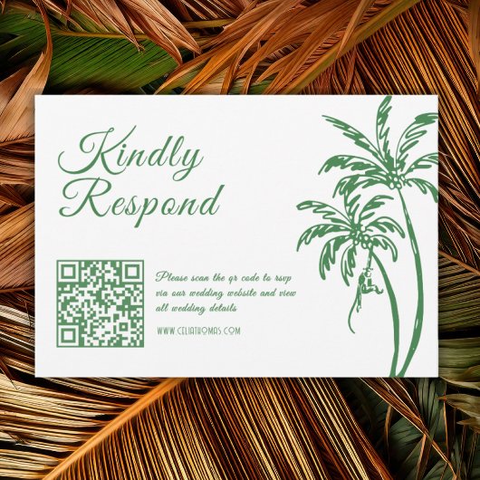 Tropical Coastal Retro Beach Green Wedding QR Code 出欠カード