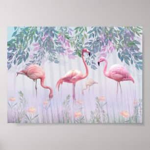 Tropical Cute Family Pink Flamingos  Watercolor.   ポスター