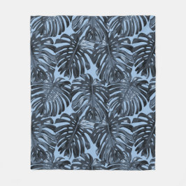 Tropical Dark Blue Black Jungle Leaves フリースブランケット