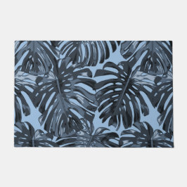 Tropical Dark Blue Monstera Jungle Leaves ドアマット