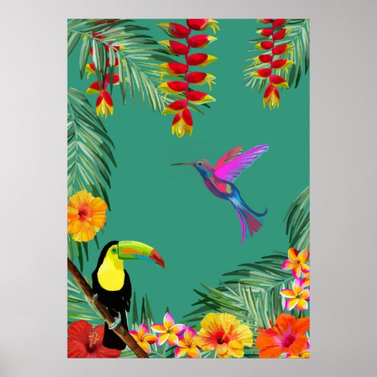 Tropical Delight hummingbird toucan flowers  ポスター (正面)