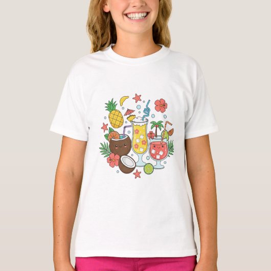 Tropical Drinks Cute Summer Cocktail Girl T-Shirt Tシャツ (正面)