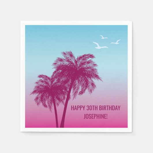 Tropical Dusk With Pink Palm Trees Happy Birthday スタンダードカクテルナプキン (正面)