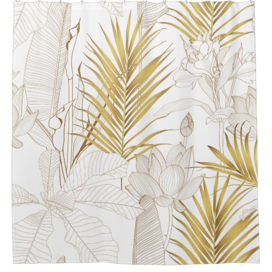 Tropical exotic floral line golden palm leaves and シャワーカーテン (正面)