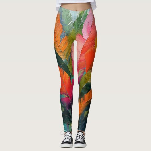 Tropical Feathers – Vibrant Botanical Abstraction レギンス (正面)