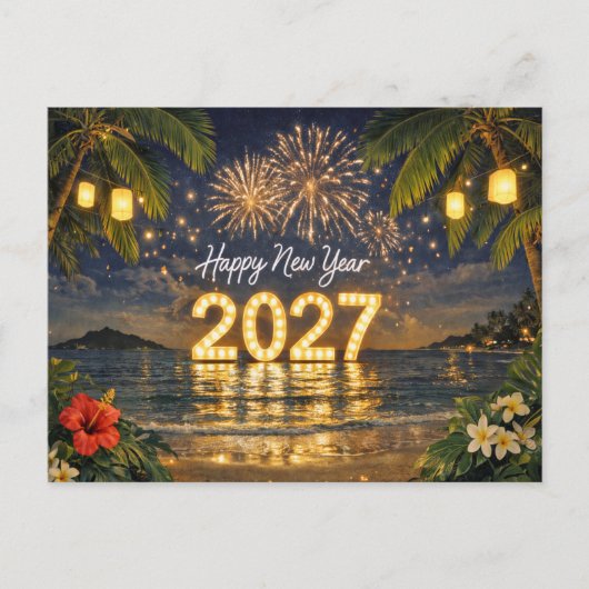 Tropical Fireworks Sunset Happy New Year 2027 シーズンポストカード (正面)