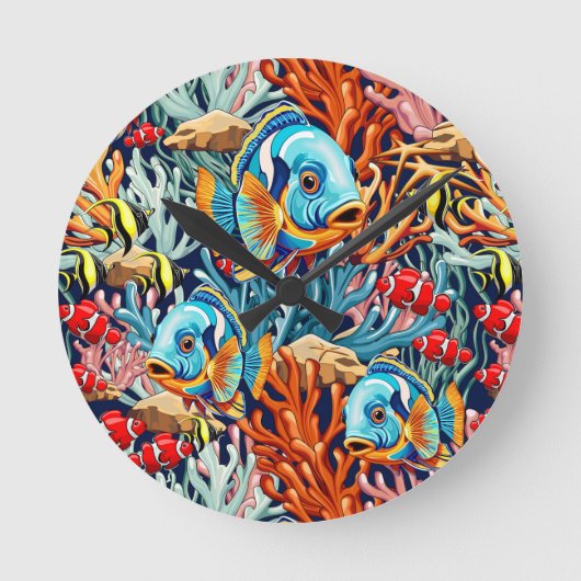 Tropical Fish Colorful Summer Vibes ラウンド壁時計 (正面)