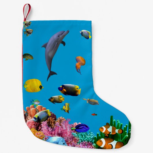 Tropical fish & dolphin blue Christmas stocking スモールクリスマスストッキング (正面)