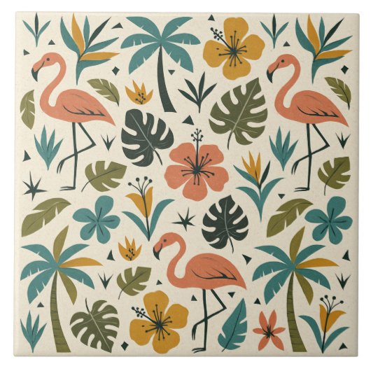 Tropical Flamingo and Palm Tree Pattern タイル (正面)