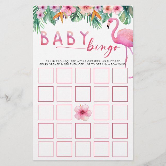 Tropical Flamingo Baby Shower Bingo Game Card (正面)