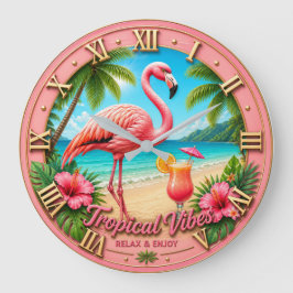 Tropical Flamingo Beach Summer Vacation Home  ラージ壁時計