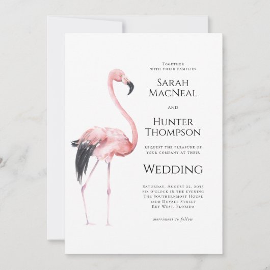 Tropical Flamingo Beach Wedding QR code 招待状 (正面)