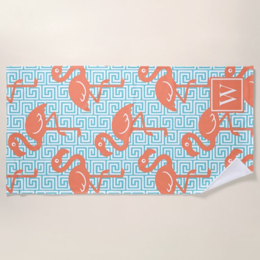 Tropical Flamingo Greek Key Coral & Turq Monogram ビーチタオル (正面)