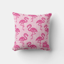 Tropical Flamingo Greek Key - Hot Pink Monogram クッション
