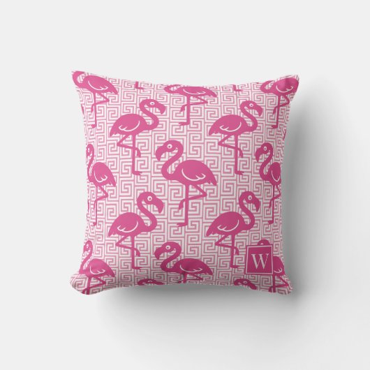 Tropical Flamingo Greek Key - Hot Pink Monogram クッション (正面)