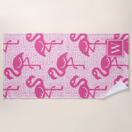 Tropical Flamingo - Greek Key Hot Pink Monogram ビーチタオル