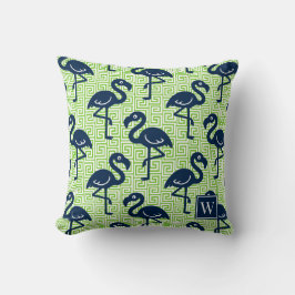 Tropical Flamingo Greek Key - Lime & Navy Monogram クッション