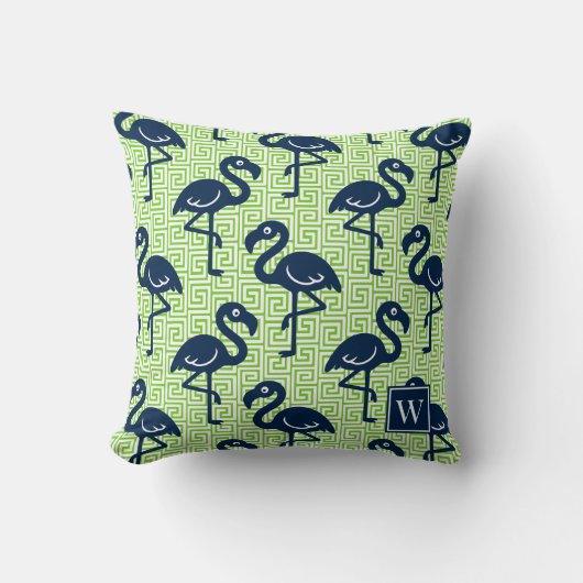 Tropical Flamingo Greek Key - Lime & Navy Monogram クッション (正面)