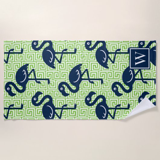 Tropical Flamingo Greek Key - Lime & Navy Monogram ビーチタオル (正面)