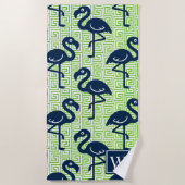 Tropical Flamingo Greek Key - Lime & Navy Monogram ビーチタオル (正面)