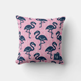 Tropical Flamingo Greek Key - Pink & Navy Monogram クッション