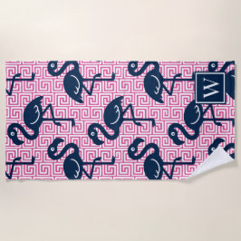 Tropical Flamingo Greek Key - Pink & Navy Monogram ビーチタオル