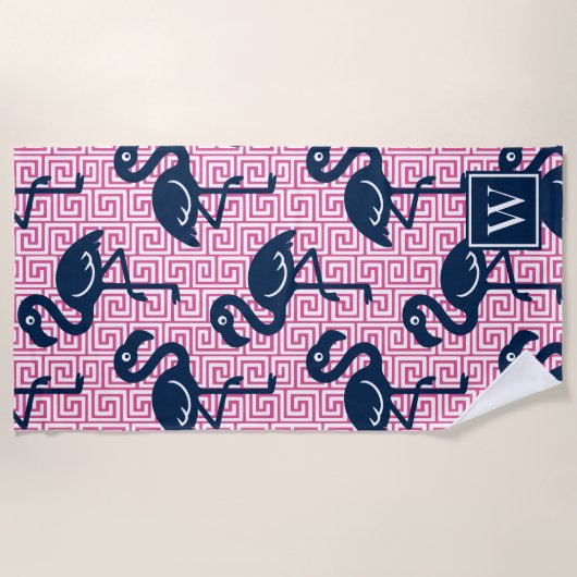 Tropical Flamingo Greek Key - Pink & Navy Monogram ビーチタオル (正面)
