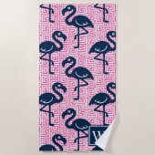 Tropical Flamingo Greek Key - Pink & Navy Monogram ビーチタオル (正面)