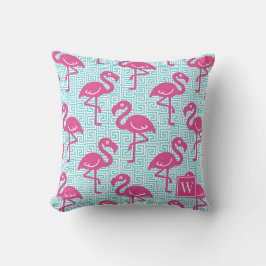 Tropical Flamingo Greek Key - Pink & Turq Monogram クッション