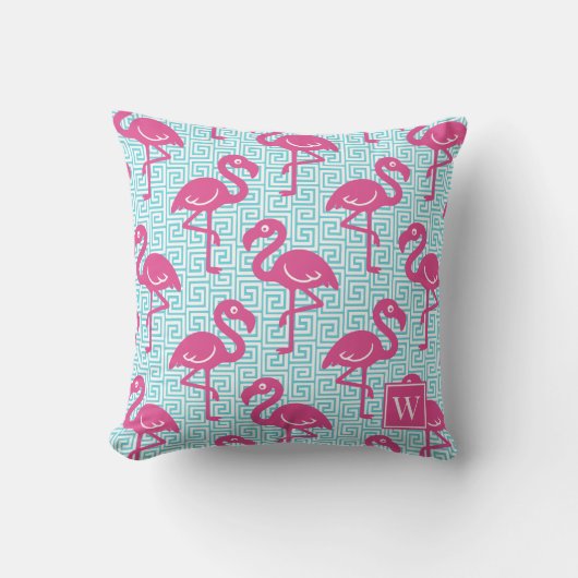 Tropical Flamingo Greek Key - Pink & Turq Monogram クッション (正面)