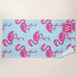 Tropical Flamingo Greek Key Pink & Turq Monogram ビーチタオル