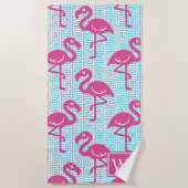 Tropical Flamingo Greek Key Pink & Turq Monogram ビーチタオル (正面)