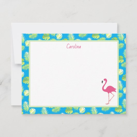 Tropical Flamingo Palm Branches Blue Stationery ノートカード (正面)