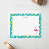 Tropical Flamingo Palm Branches Blue Stationery ノートカード (正面/裏面インサイチュ)