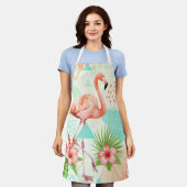 Tropical Flamingo Watercolor & Geometric Pattern エプロン (着用した状態)