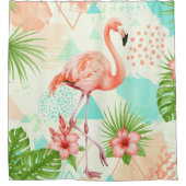 Tropical Flamingo Watercolor & Geometric Pattern シャワーカーテン (正面)