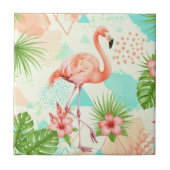 Tropical Flamingo Watercolor & Geometric Pattern タイル (正面)