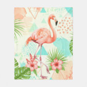 Tropical Flamingo Watercolor & Geometric Pattern フリースブランケット (正面)