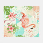 Tropical Flamingo Watercolor & Geometric Pattern フリースブランケット (正面(横))