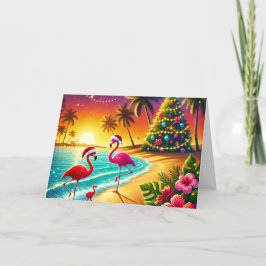 Tropical Flamingos on Beach Christmas Holiday Card シーズンカード