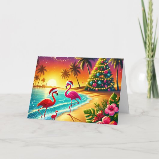 Tropical Flamingos on Beach Christmas Holiday Card シーズンカード (正面)