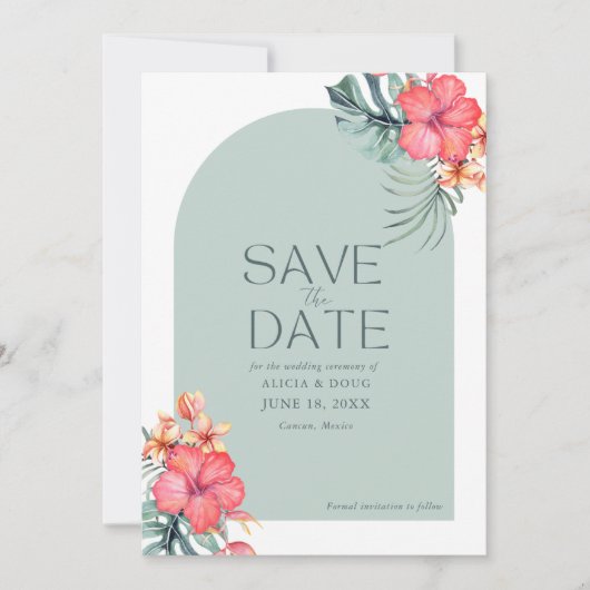 Tropical Floral Beach Wedding Photo Save the Date  セーブザデート (正面)