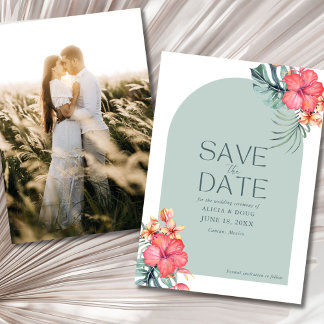Tropical Floral Beach Wedding Photo Save the Date  セーブザデート