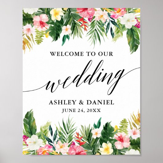 Tropical Floral Calligraphy Wedding Welcome ポスター (正面)