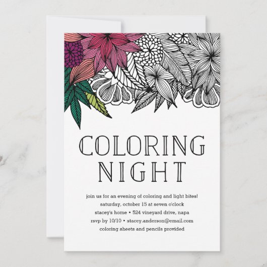 Tropical Floral Coloring Night Invitation 招待状 (正面)
