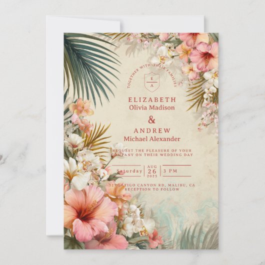 Tropical Floral Destination Wedding 招待状 (正面)