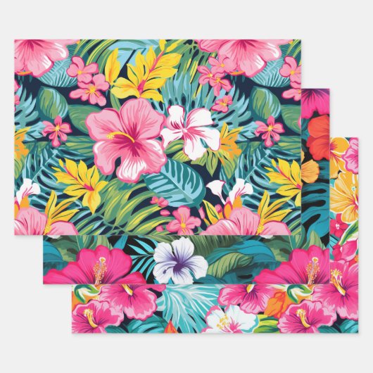 Tropical Floral Hibiscus Plumeria Pattern Design ラッピングペーパーシート (セット)